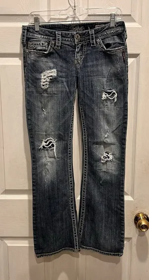 Silver Jeans Pioneer Distressed Bootcut Dark Wash Denim W30 L28 Y2k Boho‎ Grunge thumbnail 1