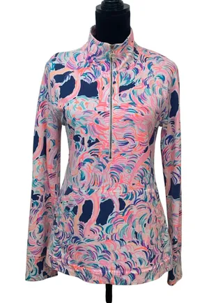 Lilly Pulitzer Women's S Skipper Popover High Tide Navy Flamingo Gopher Half Zip thumbnail 1