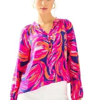 Lilly Pulitzer Elsa Plume Blume Flamingo Silk Long Sleeve Blouse Size Medium thumbnail 1