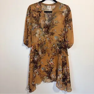 Anthropologie dRA Sheer Blouson Dress S Neutral Floral Chiffon Ruffle Office thumbnail 3