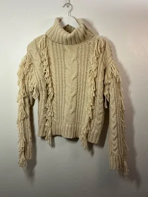 Forever 21 Cream Fringe Cable Turtleneck Sweater Size Small thumbnail 1