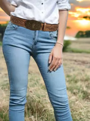 Western Style Bull Head Buckle Unisex Belt Vintage Embossed thumbnail 1