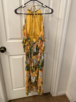 FARM Rio BiRiBA Yellow Tropical Halter Midi Dress with Side Slit and Peplum thumbnail 9