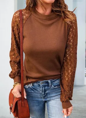 Miholl brown lace long sleeve waffle-knit top thumbnail 1