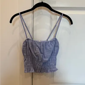 Abercrombie & Fitch Blue Strapless Linen-Blend Ruched Top thumbnail 3