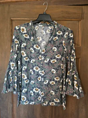 O Free People Green Floral V-Neck Long Sleeve Swing Dress S thumbnail 2