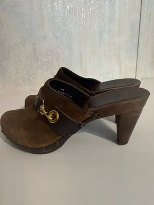 Vintage Coach Felicia Brown Suede, Wooden Heels, Dark Brown Leather Strap with Golden Hardware Sz 8 thumbnail 2