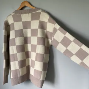 Bohme Boutique Knit Boho Sweater Crewneck Checkered Pattern Brown Cream Size Med thumbnail 4
