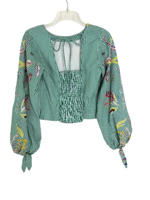 Anthropologie Maeve Embroidered Blouse Green Stripe Size XS thumbnail 5