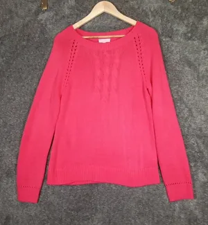 Lilly Pulitzer Bright Pink Cable Knit Crewneck Sweater Seana Pullover Womens L thumbnail 1