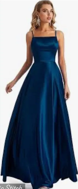 Gorgeous New Lecureler Navy Blue Satin Prom Gown thumbnail 1