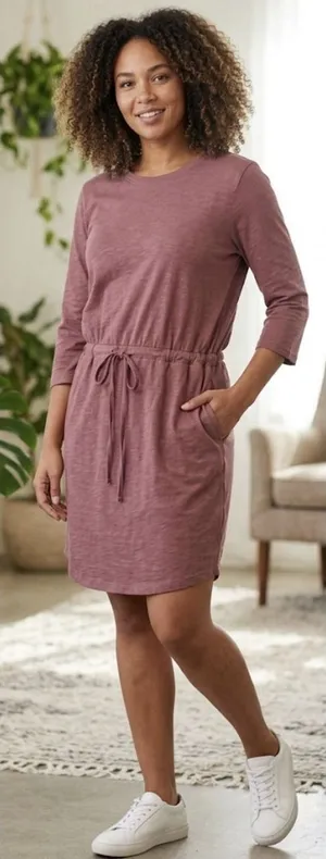 Pact organic cotton mauve tie-waist dress crew neckline Size Small Gorpcore thumbnail 1