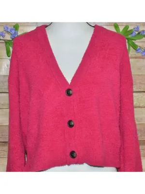 Active USA Ladies Hot Pink Crop Button Up Cardigan Sweater Size L Comfy Casual thumbnail 4