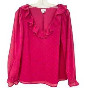 J. Crew Ruffle V-Neck‎ Long Sleeve Blouse Women's Small Raspberry Boho Hippie thumbnail 1