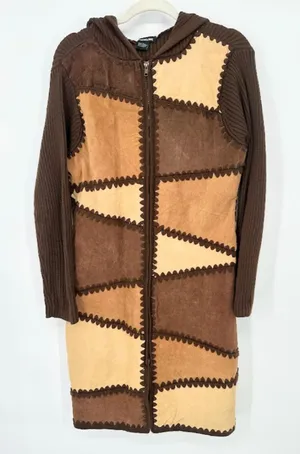 Vintage Y2K Misdemeanor‎ Patchwork Suede Hooded Duster Cardigan Sweater Jacket L thumbnail 1