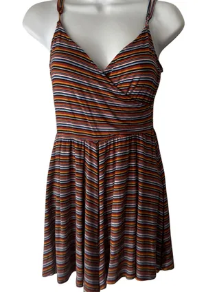 GARAGE Striped Cami Babydoll Top‎ Ruched Spaghetti Strap Rainbow P/S Grunge thumbnail 1