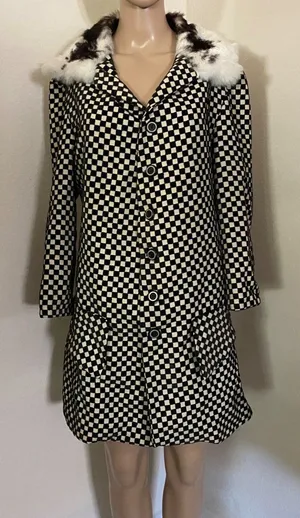 Rik Villa XS 2 Jacket Coat Checkerboard Black White Fur Collar Check Plaid Artsy thumbnail 1
