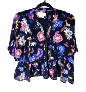 Anthropology XS Floral Cropped Ruffle Hem Shirt Top Whimsygoth Coquette thumbnail 1