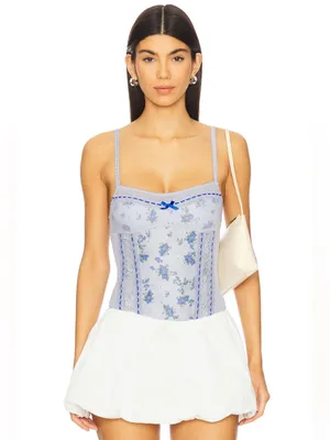 FREE PEOPLE Sara Corset Bodysuit in Blue Combo in Size Medium. thumbnail 3