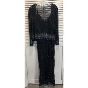 Stenay Black Silk Full Bead Gown & Jacket Sz 14 Adj Straps Lined Sparkle Formal thumbnail 6