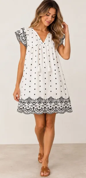 Old Navy White Black Floral Embroidered Boho Mini Dress XS thumbnail 1