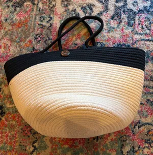 Two-Tone Black and Cream Woven Tote Bag thumbnail 1