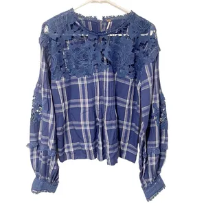 Free People Size Small Darling Diane Lace Top Blue White Flannel Plaid thumbnail 2