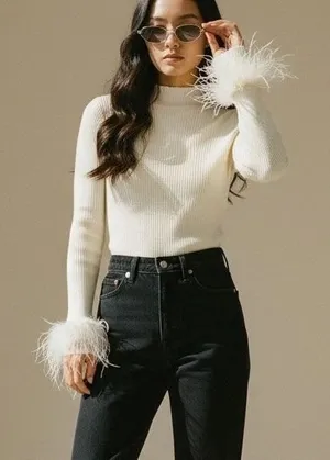 Aqua L Organic Cream‎ Ribbed Mock Neck Feather Cuff Sweater Glam Statement NWT thumbnail 1