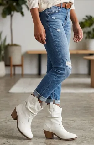 Charles Albert‎ White Faux-Leather Western Ankle Booties thumbnail 1