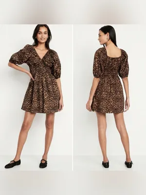 Old Navy Women’s V-Neck Leopard Smocked Puff Sleeve Mini Dress Size Large thumbnail 2