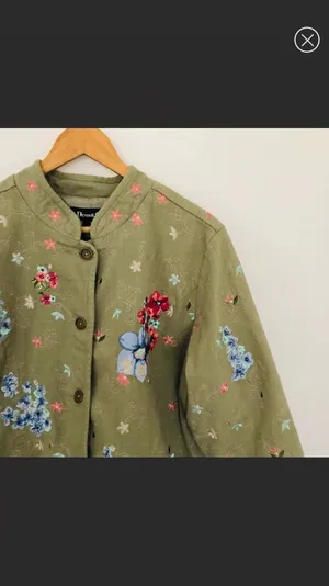 Denim & Co Vintage Floral Olive Jacket Button Up Flowers Butterflies Green Pockets thumbnail 4