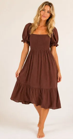 100% Cotton Smocked Midi Dress Cottagecore Prairie Boho Romantic Chocolate Brown thumbnail 1
