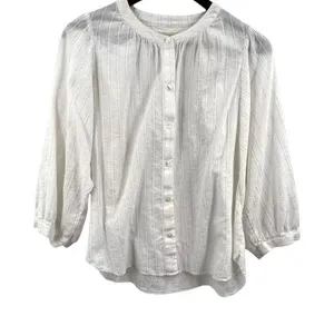 Madewell White Button Front Blouse Silver Metallic Stripe Size Medium thumbnail 1