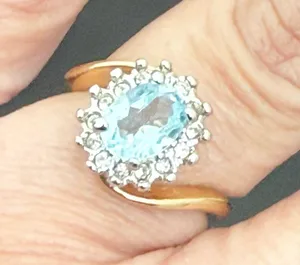 Vintage 18KGE Aquamarine Blue Topaz CZ Ring Size 7 3g. thumbnail 8