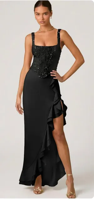 Oh Polly Robina Embellished Ruffle-Trim Corset Gown Maxi Dress in Black size 14 thumbnail 1