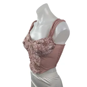 Womens Pink Floral Lace Ruffle Sleeveless Crop Cami Camisole Corset Tank Top S/M thumbnail 2
