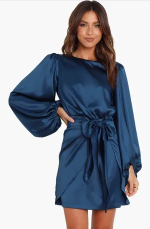 Petal & Pup Opal Tie Waist Long Sleeve Satin Minidress thumbnail 1