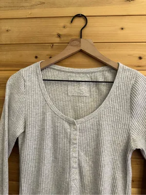 Aerie Large Ribbed Essential Henley Layering Long Sleeve Raw Edge Hem Shirt thumbnail 2