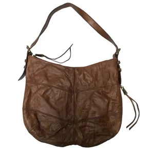 Hobo‎ International Brand Camel Leather Shoulder Bag with Blue Floral Liner thumbnail 1