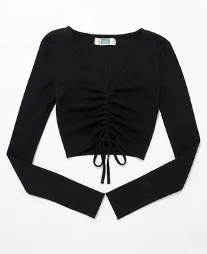 Black Ribbed Ruched Drawstring Long Sleeve Top Size M thumbnail 1