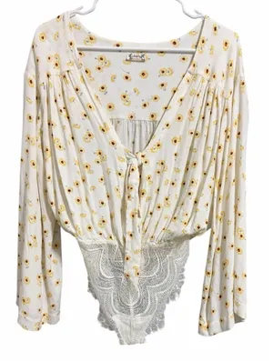 Free People Intimately "Forties Feels" Sunflower Print Bell Sleeve‎ Bodysuit Sm thumbnail 1
