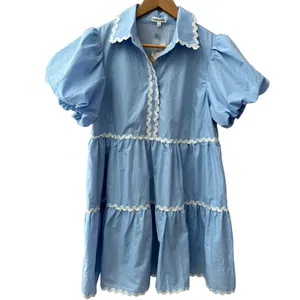 Mainstrip Puffed Sleeve Ric Rac Trimmed Solid Mini Dress‎ Blue Size Large thumbnail 6