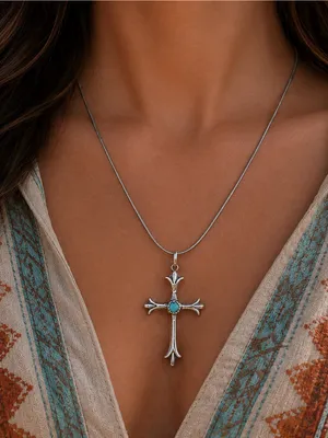 Southwestern Turquoise Sterling Silver Sandcast Cross 925 18 Inch Chain thumbnail 2