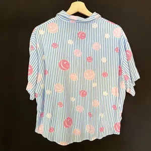 Joe Boxer Sleepwear women's XL rayon short sleeved button down‎ blue smiley face thumbnail 6