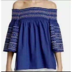 Parker Shirt‎ Off-Shoulder Top Multicolor Smocking XS ($265 Retail!) Navy Blue thumbnail 1