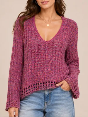 Free People Pink Multicolor Marled Knit V Neck Sweater Open Knit Boho Pullover thumbnail 1
