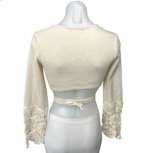 Zara Women's Cream Ecru Crochet Knit Boho Long Sleeve Cut Out Crop Top Size S thumbnail 4