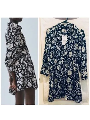 Zara Navy Blue & White Floral Mini Shirt Dress thumbnail 2