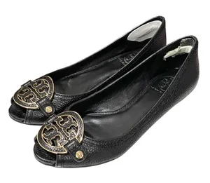 Tory Burch Amanda Demi Wedge Black Open Toe Leather Logo Size 6.5‎ thumbnail 1