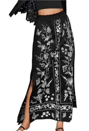 Johnny Was Women’s Size S Black White Embroidered Domingo High Slit Linen Skirt thumbnail 1